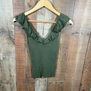 Gap Green Ruffle V-Neck Ribbed Tank Top Small Tall Boho Classic Preppy Flutter